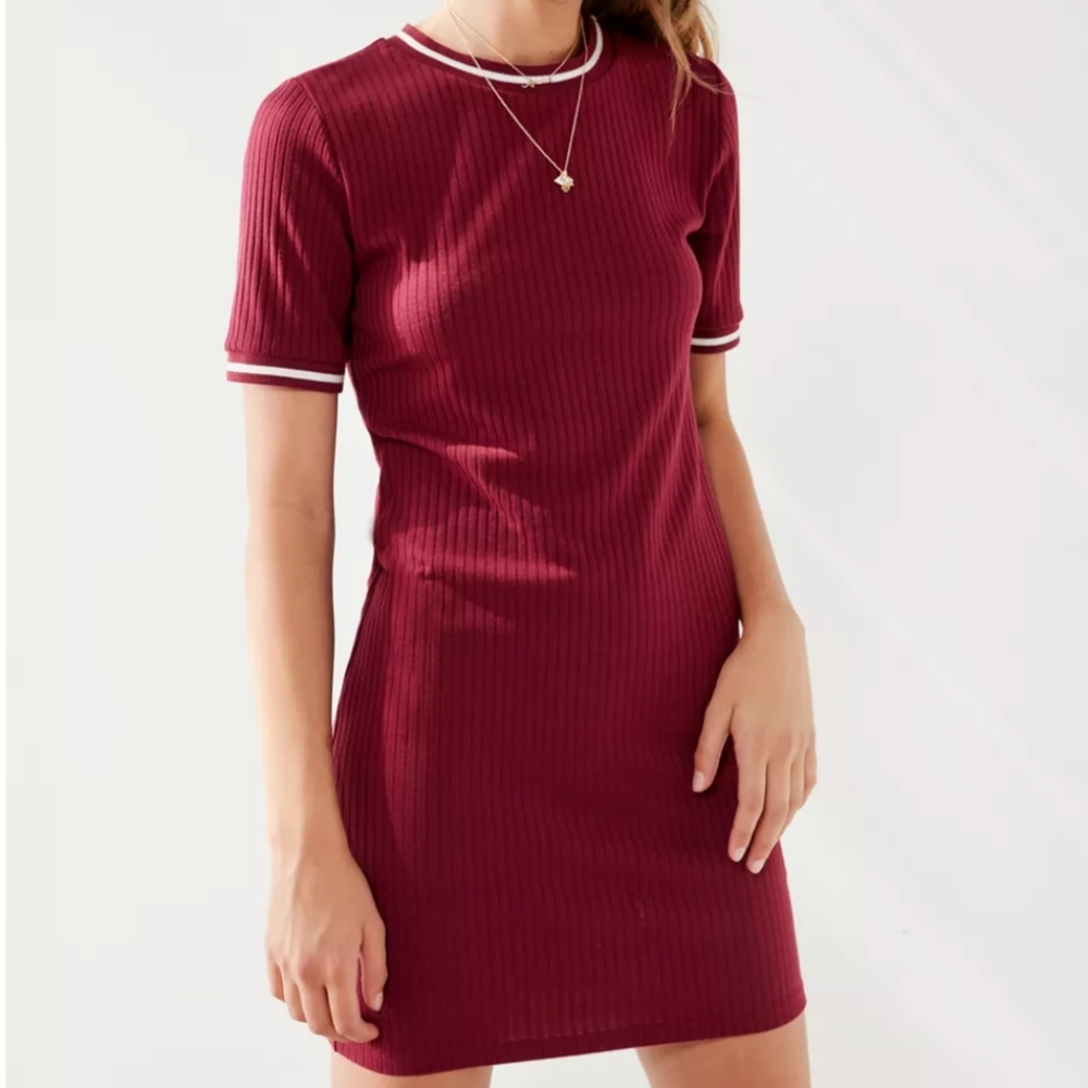 BDG Striped Crew-Neck T-Shirt Dress in Maroon and White Women's size XS EUC